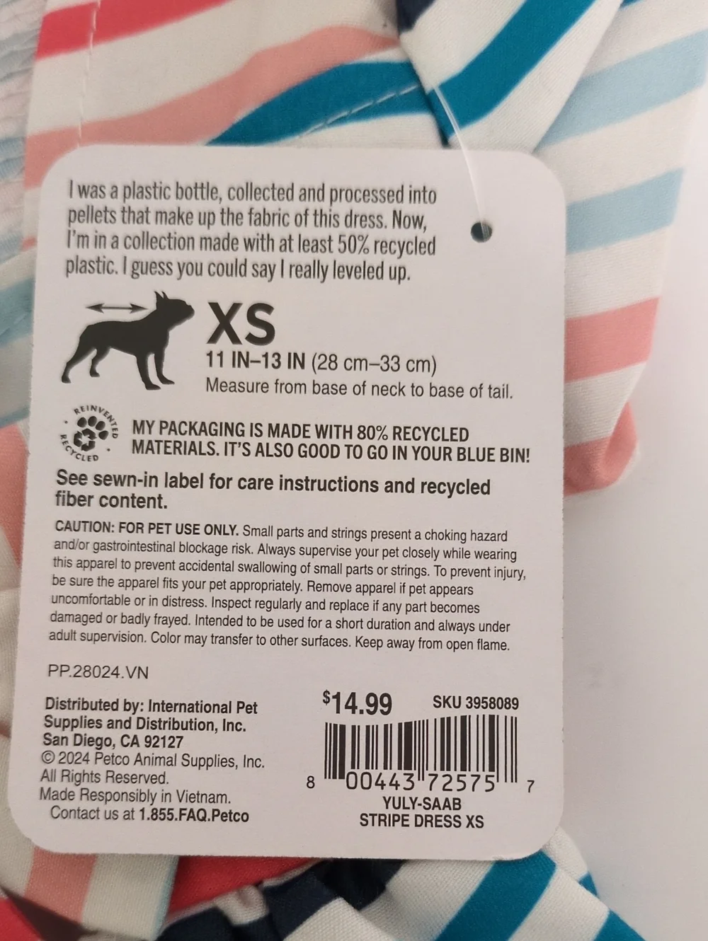 NWT Youly XS Striped Dog Dress Front Bow Recycled Fabric Pet Apparel 3958089